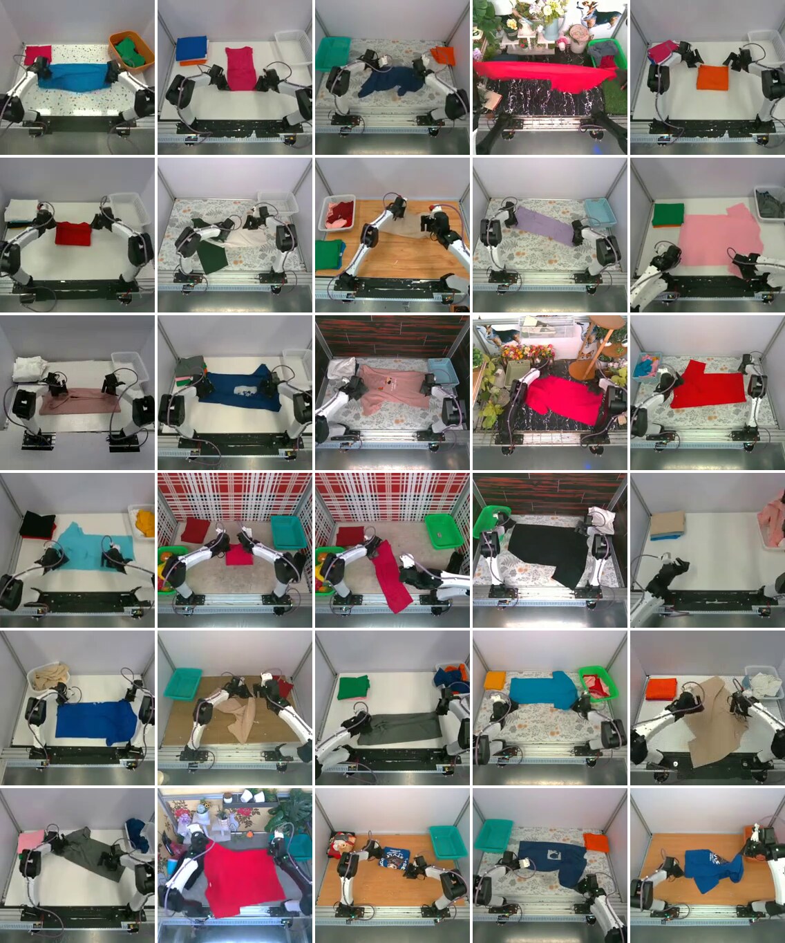 Grid of 30 randomly sampled frames from the T-shirt-folding dataset showing varied garment colors, workspace surfaces, and arm configurations